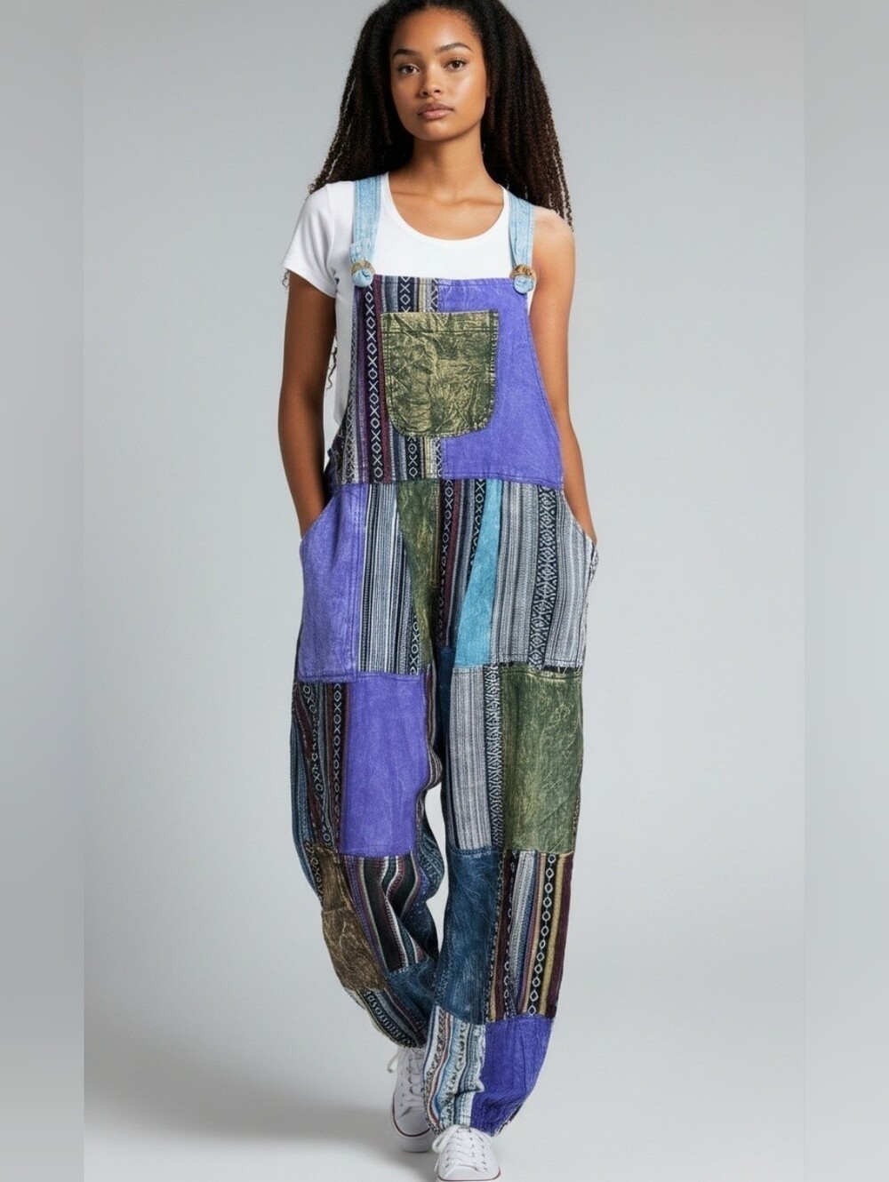 #268 Rhea Bohemian Patchwork Overalls Jumpsuit - Purple & Multi